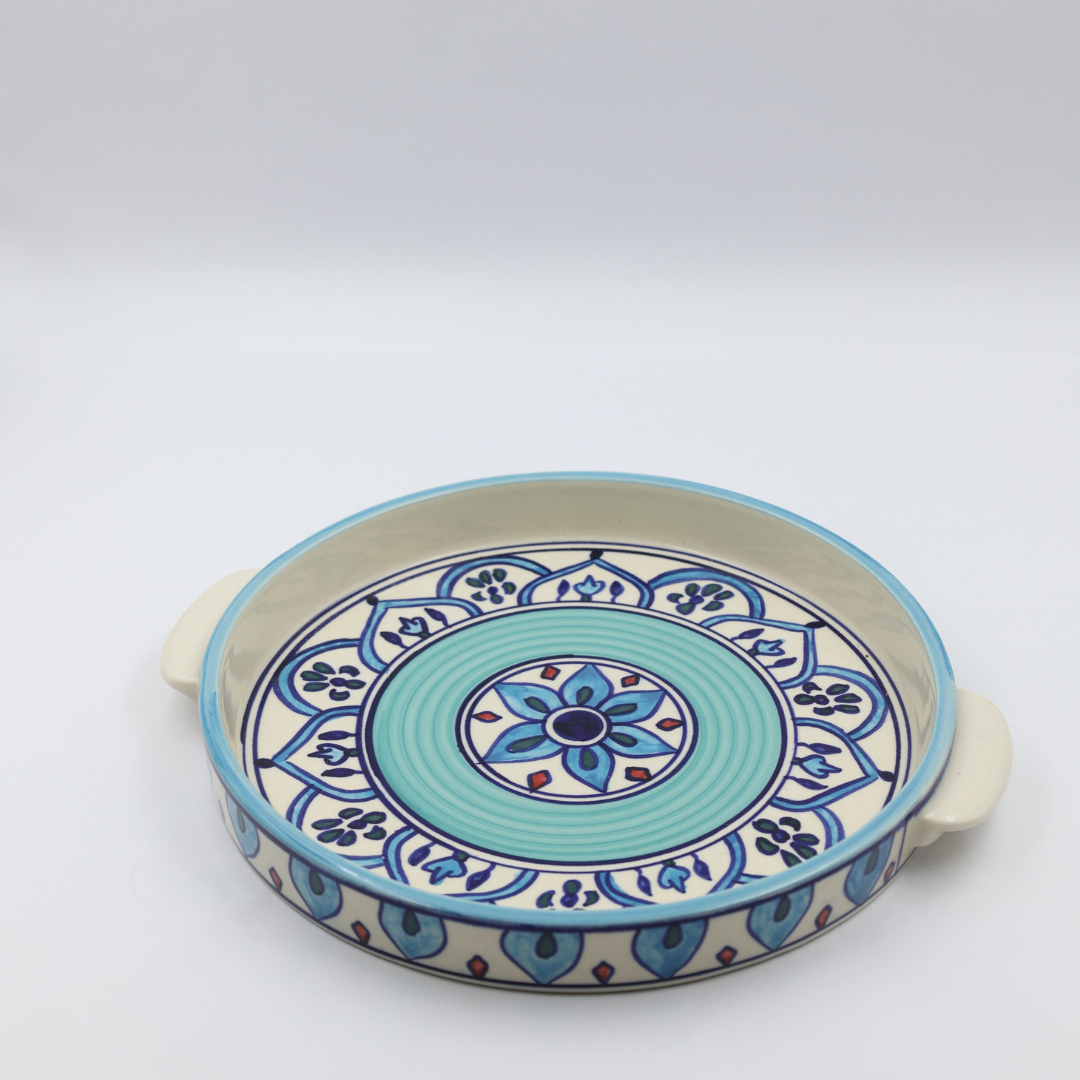 Hand Painted Off White - Blue Ceramic 4 piece Tea Pot With Cups and Tray Set