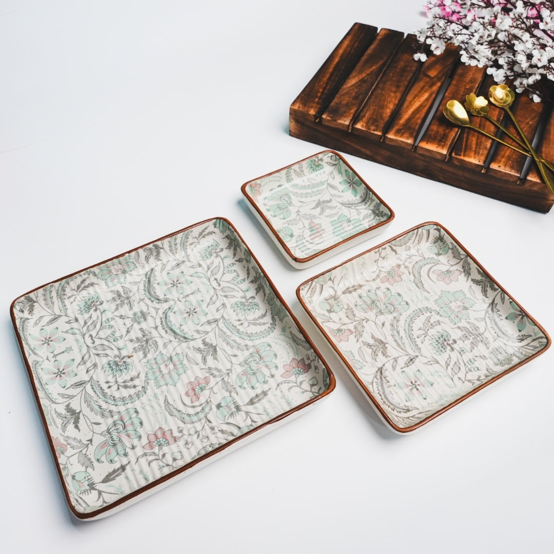 3-White Green Floral Dinner Plates