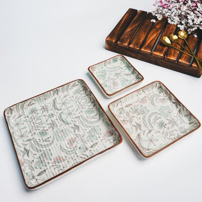 3-White Green Floral Dinner Plates