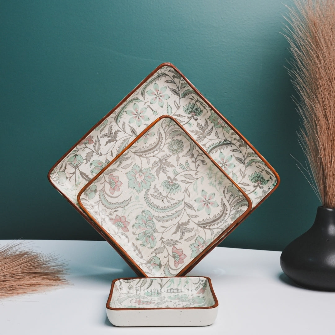 3-White Green Floral Dinner Plates