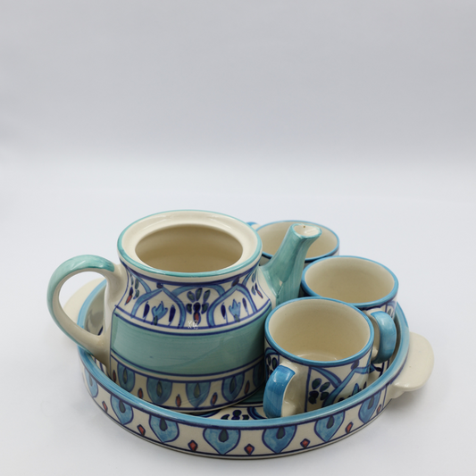 Hand Painted Off White - Blue Ceramic 4 piece Tea Pot With Cups and Tray Set