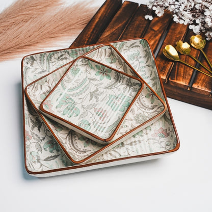 3-White Green Floral Dinner Plates